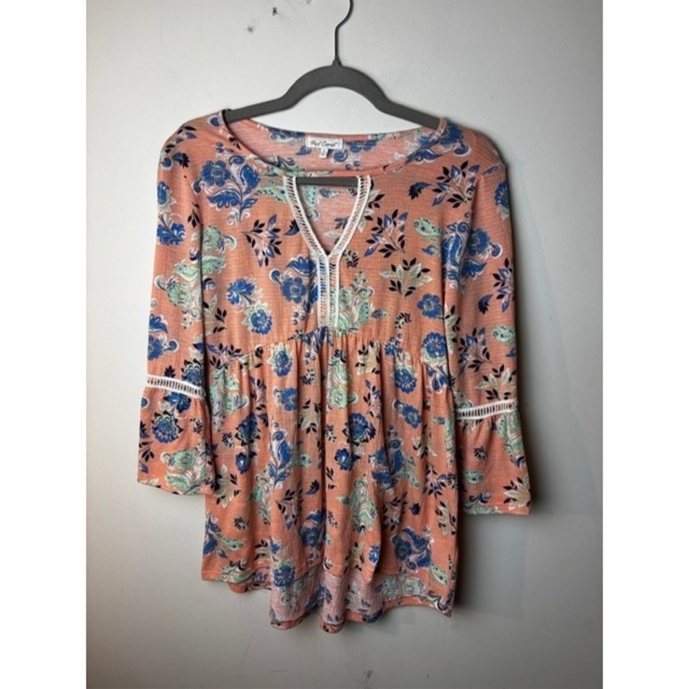 Womens S Red Camel Tunic Top Orange Blue Floral Stretch Boho Peasant 3/4 Sleeve